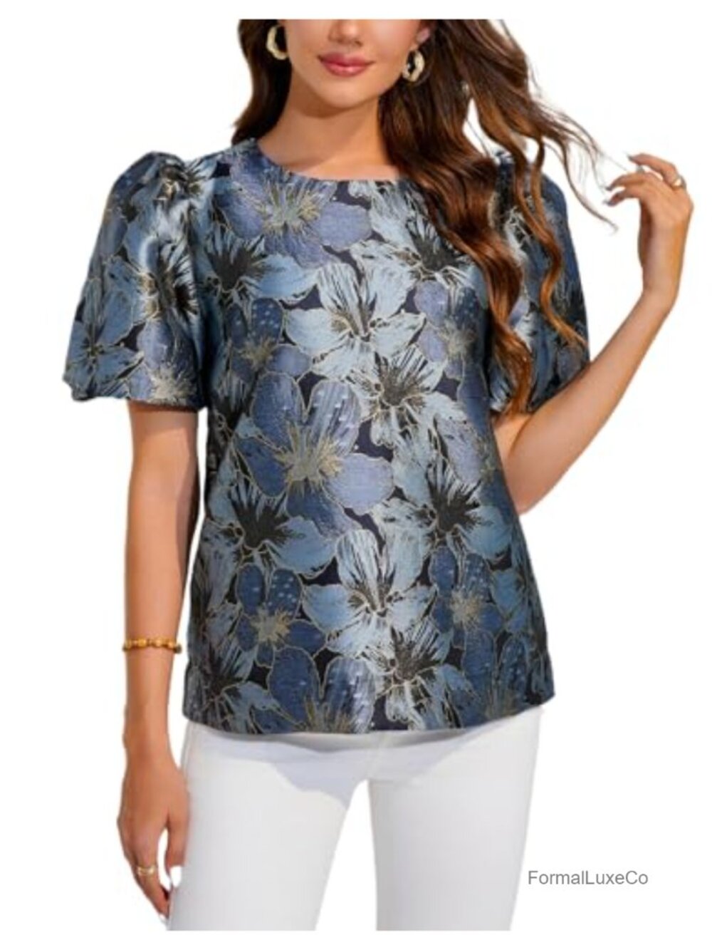 Women's Floral Jacquard Puff Sleeve Blouse Crew Neck Formal Work Shift Top